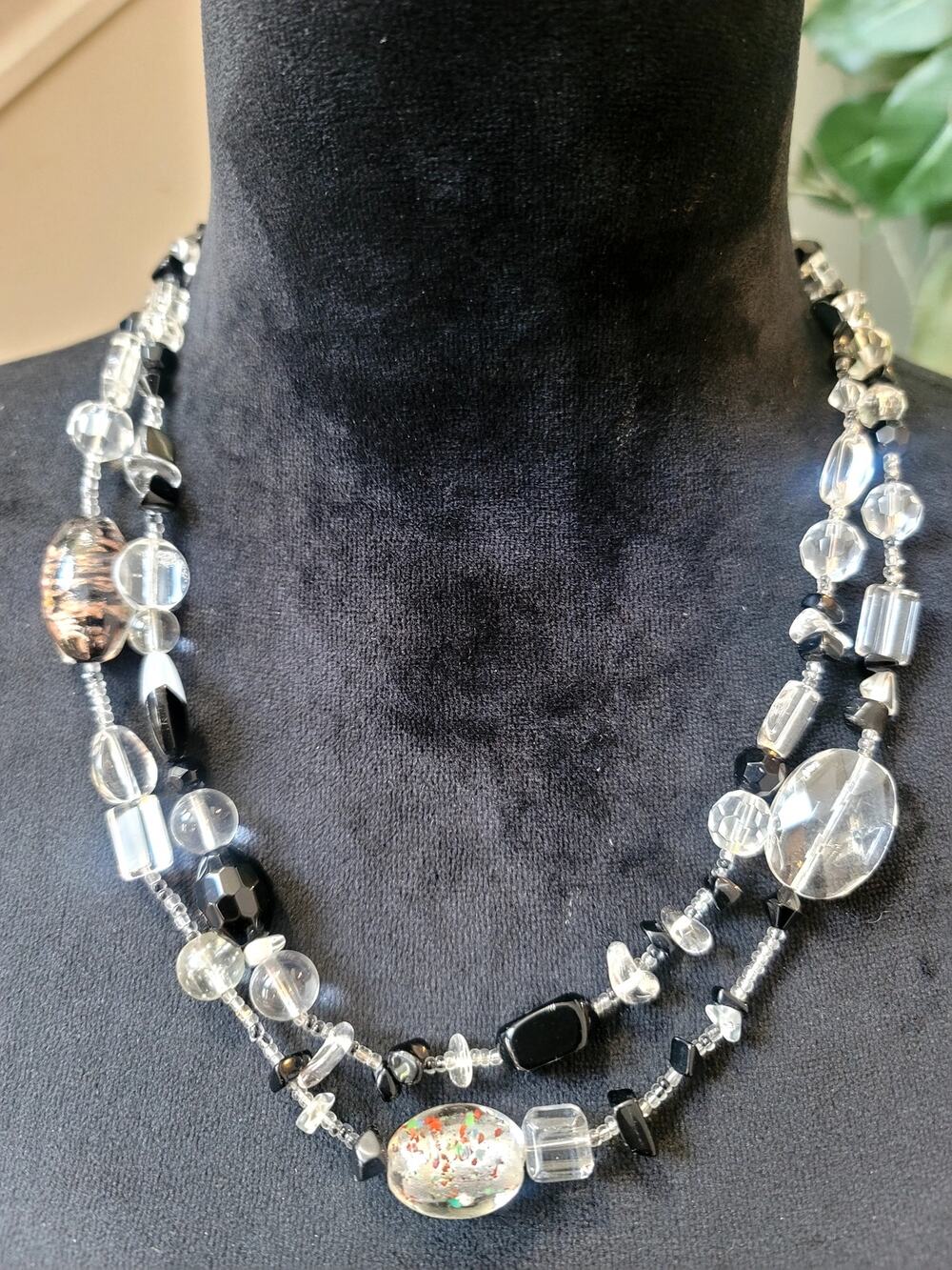 Black & Clear Multi-Strand Beaded Necklace Glass Crystal Confetti Statement 24"